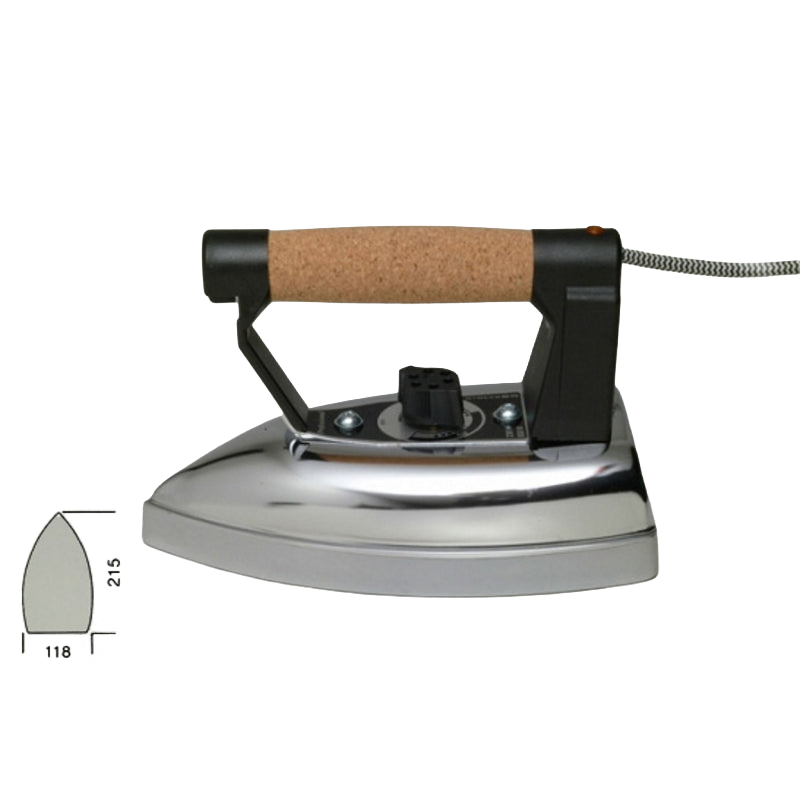 A steam iron with a polished silver metal base, black plastic components, and a cork-textured handle, shown on a white background with a small teardrop-shaped iron tip dimension diagram in the lower-left corner.