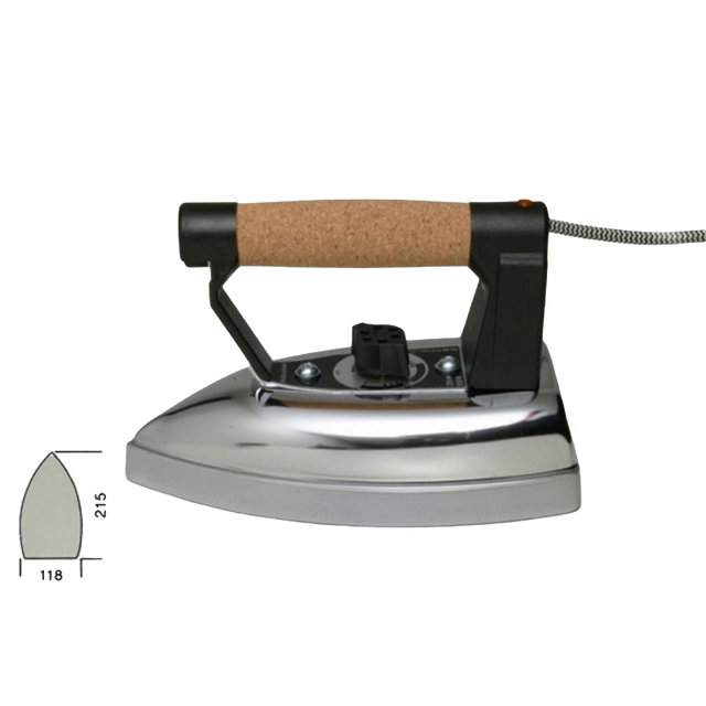 A steam iron with a polished silver metal base, black plastic components, and a cork-textured handle, shown on a white background with a small teardrop-shaped iron tip dimension diagram in the lower-left corner.